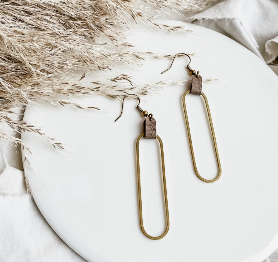 Latte Leather Brass Oval Accent Earrings Dwell Urban Boutique