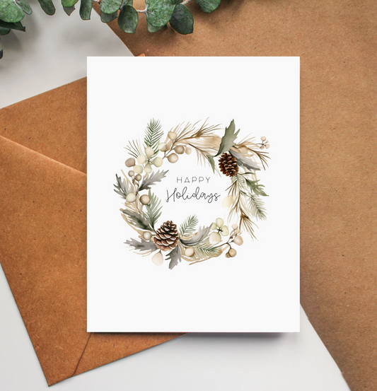 wreath "happy holidays" card